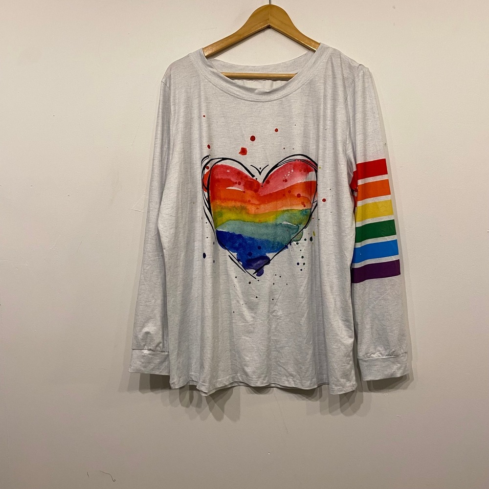Rainbow Heart Graphic Long Sleeve Tee Heather Gray Pride Shirt XL